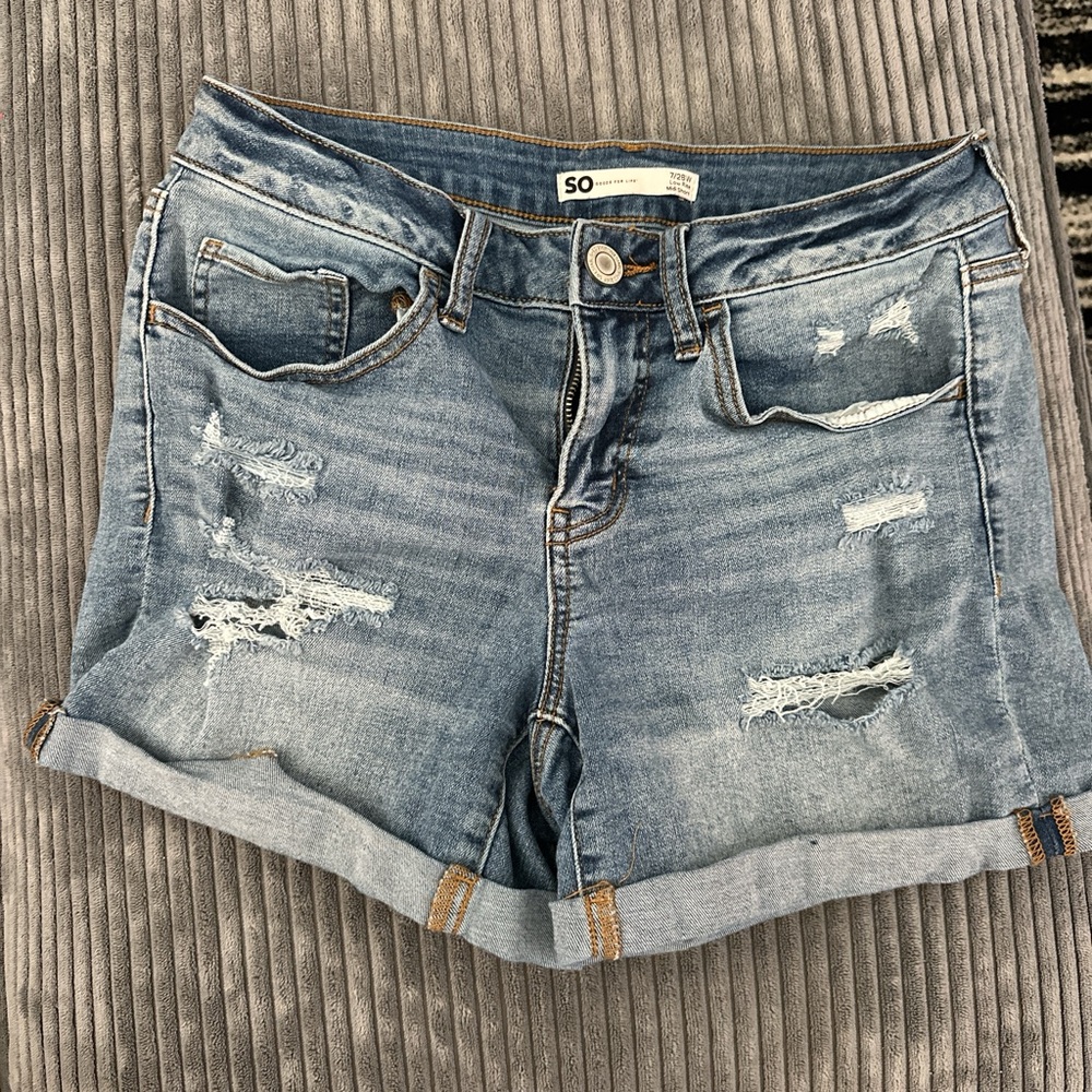 SO Distressed Light Blue Rolled-Hem Denim Shorts